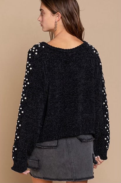 Black Magic Pearl Beaded Velvet Chenille Sweater