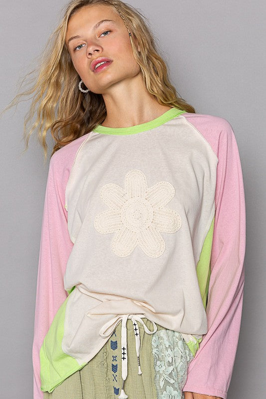 In My Groove Daisy Patch Color Block Long Sleeve Top