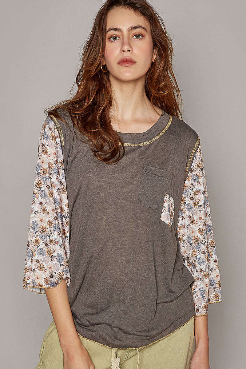 It’s Like That Floral Sleeve Slub Knit Top