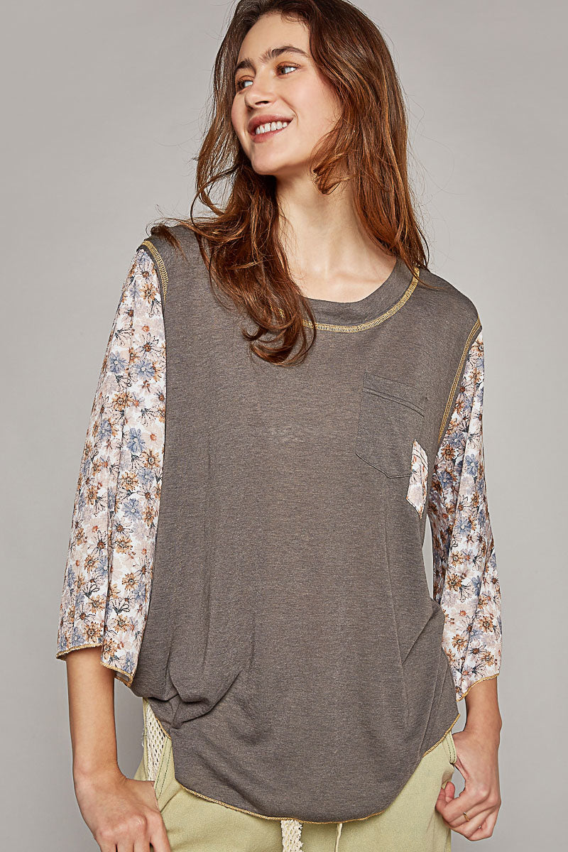 It’s Like That Floral Sleeve Slub Knit Top