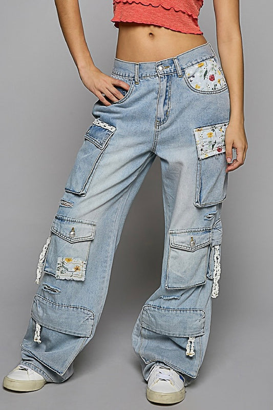 Never Full Floral Patched Wide Leg Cargo Jeans