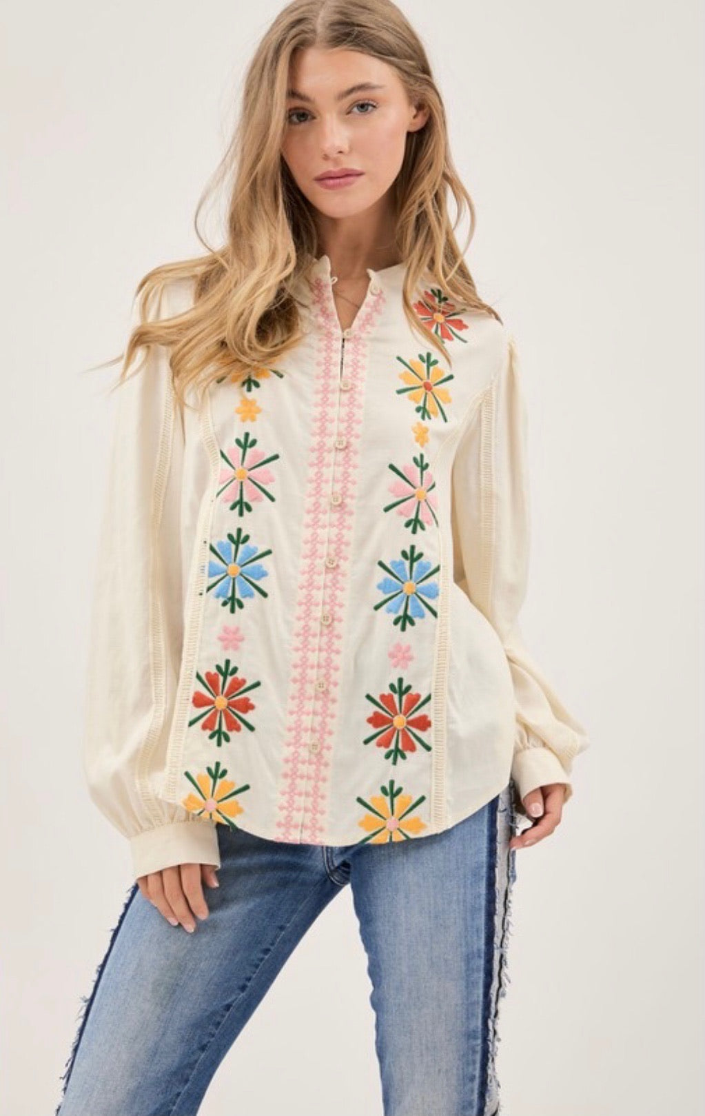 Sundance Floral Embroidered Mandarin Collar Button Down Shirt