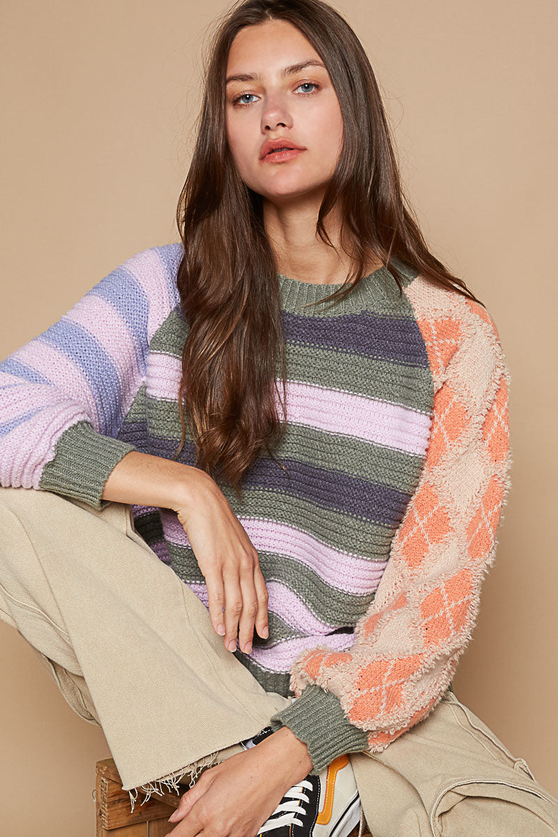 Pattern Play Striped Balloon Sleeve Sweater