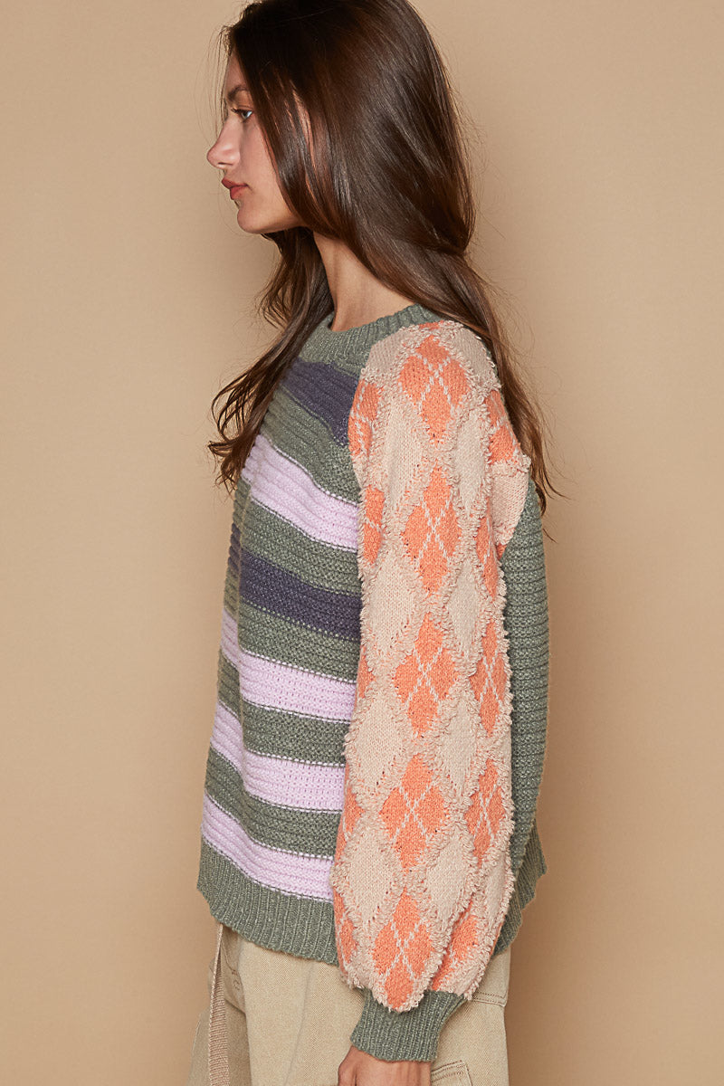 Pattern Play Striped Balloon Sleeve Sweater