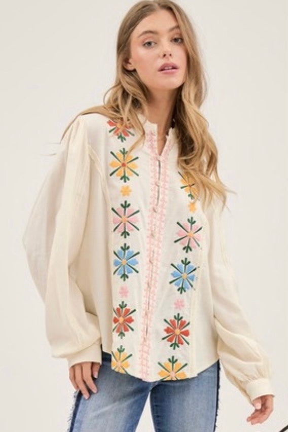 Sundance Floral Embroidered Mandarin Collar Button Down Shirt