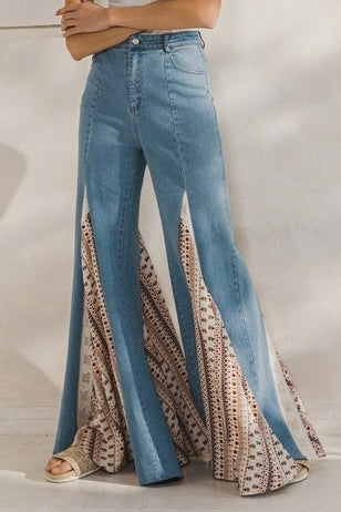 Great Escape Boho Floral Print + Lace Pieced Exaggerated Wide Leg Jeans
