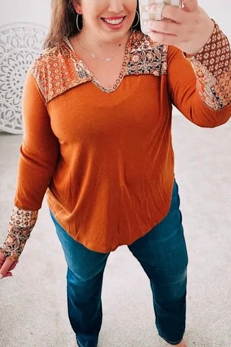 Pumpkin Spice Boho Print Brushed Knit Hoodie (Small to 3XL)