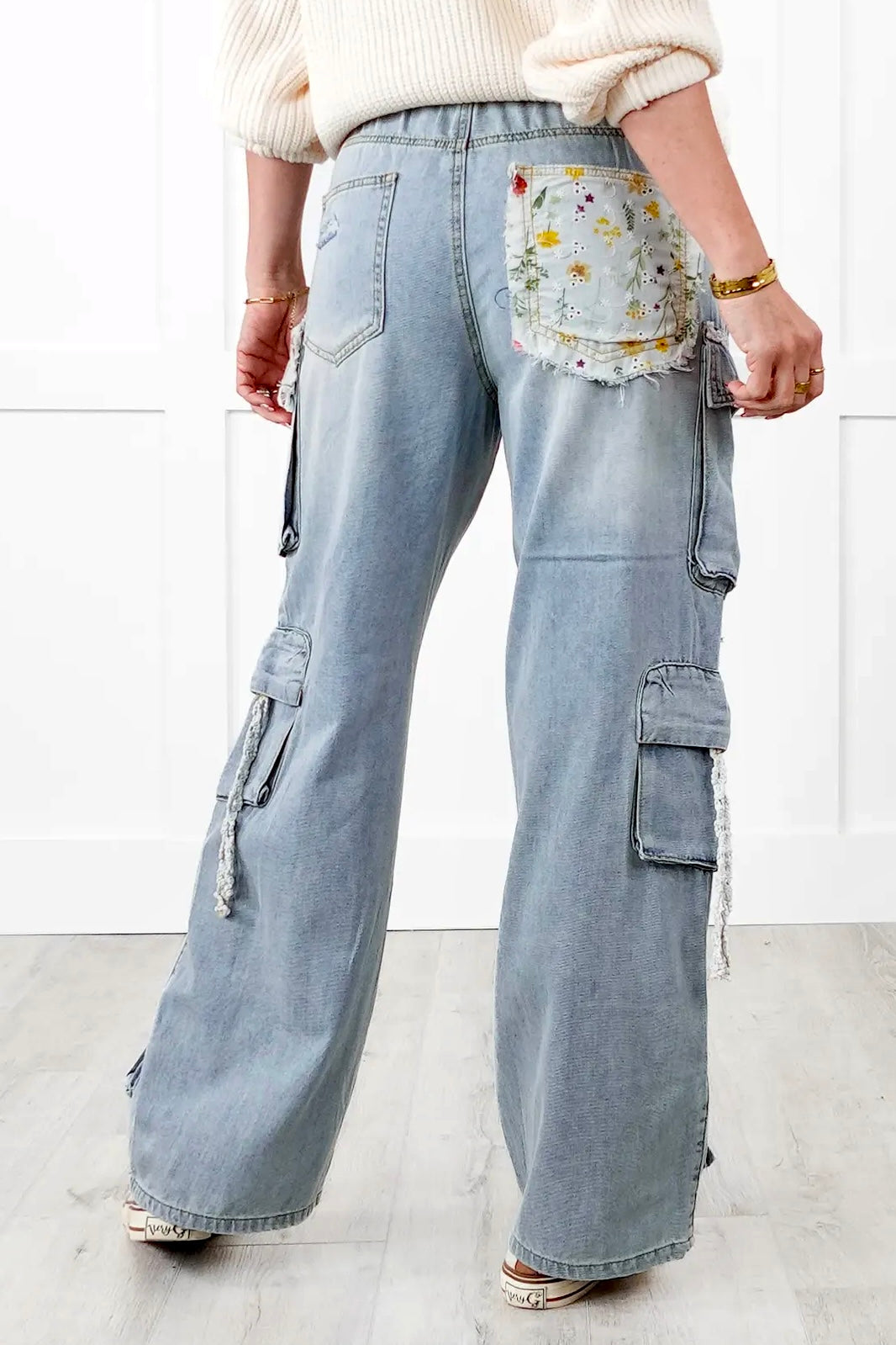 Never Full Floral Patched Wide Leg Cargo Jeans