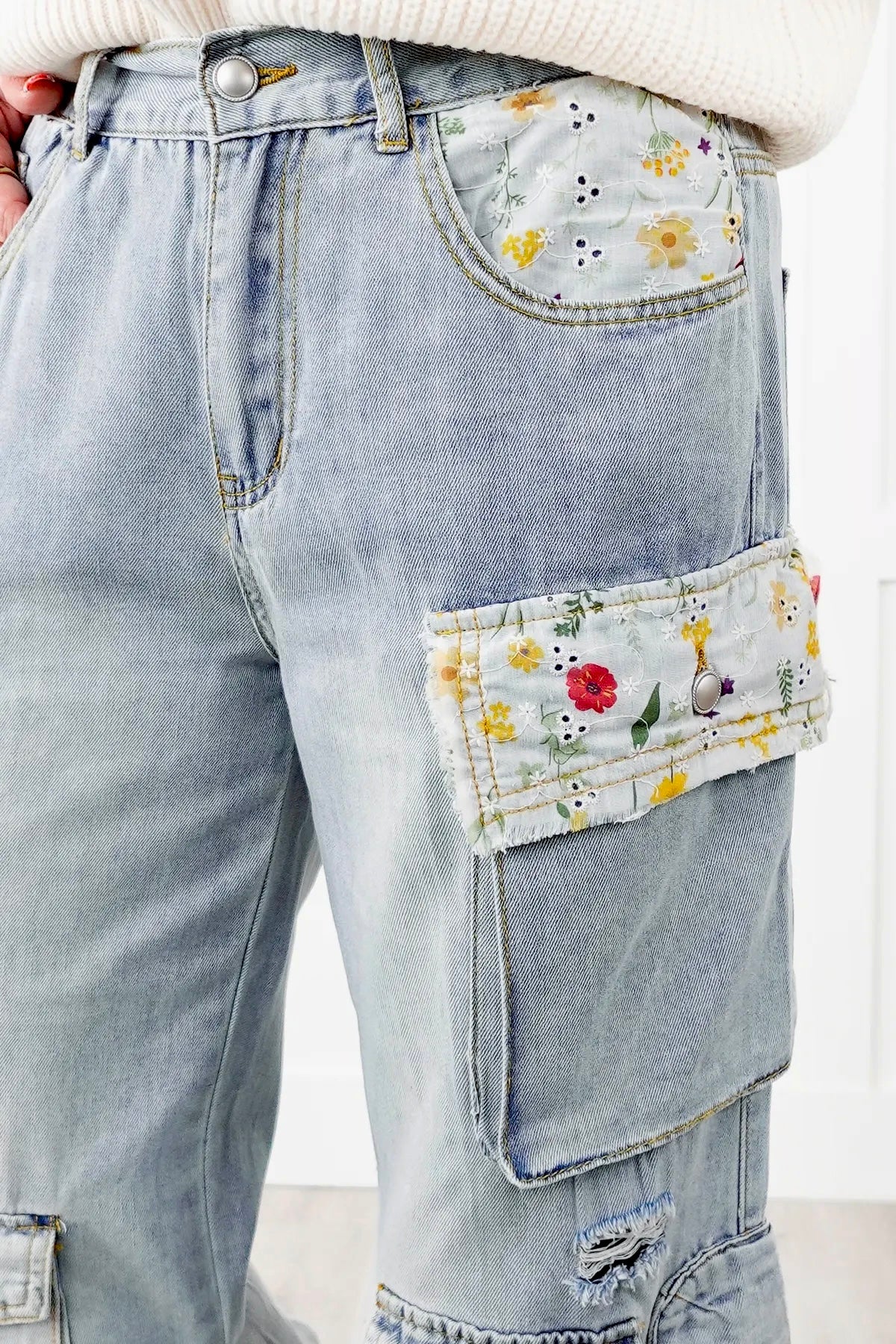 Never Full Floral Patched Wide Leg Cargo Jeans