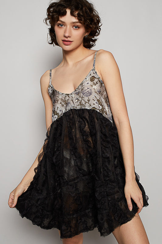 Black floral babydoll mini with grey floral printed bust and semi-sheer lace skirt with 3D ruffle trim

