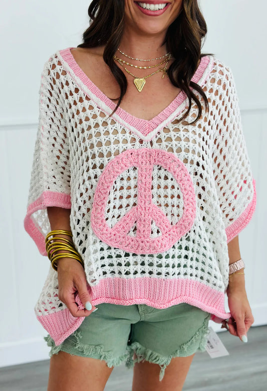 Peace Out Babe Loose Fit Peace Sign Crochet Summer Sweater Top (3 Colors)