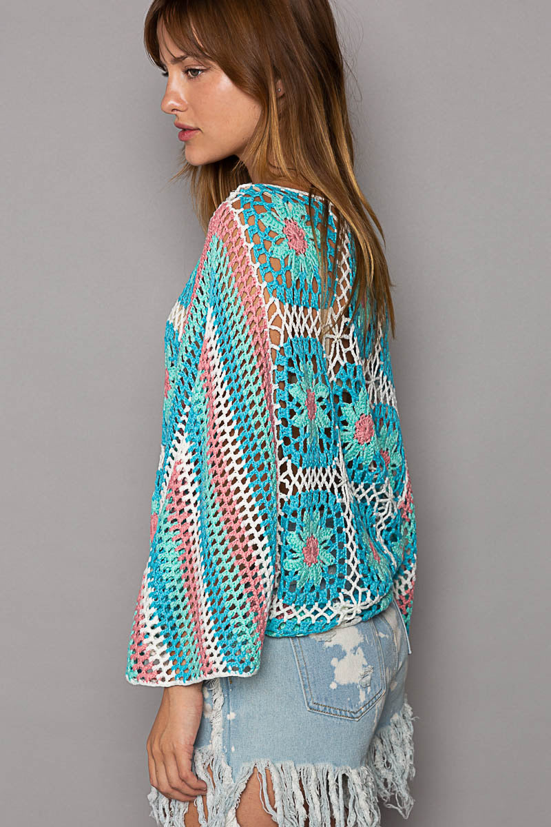 Summer Lovin’ Hand Crochet Floral + Stripes Open Weave Sweater