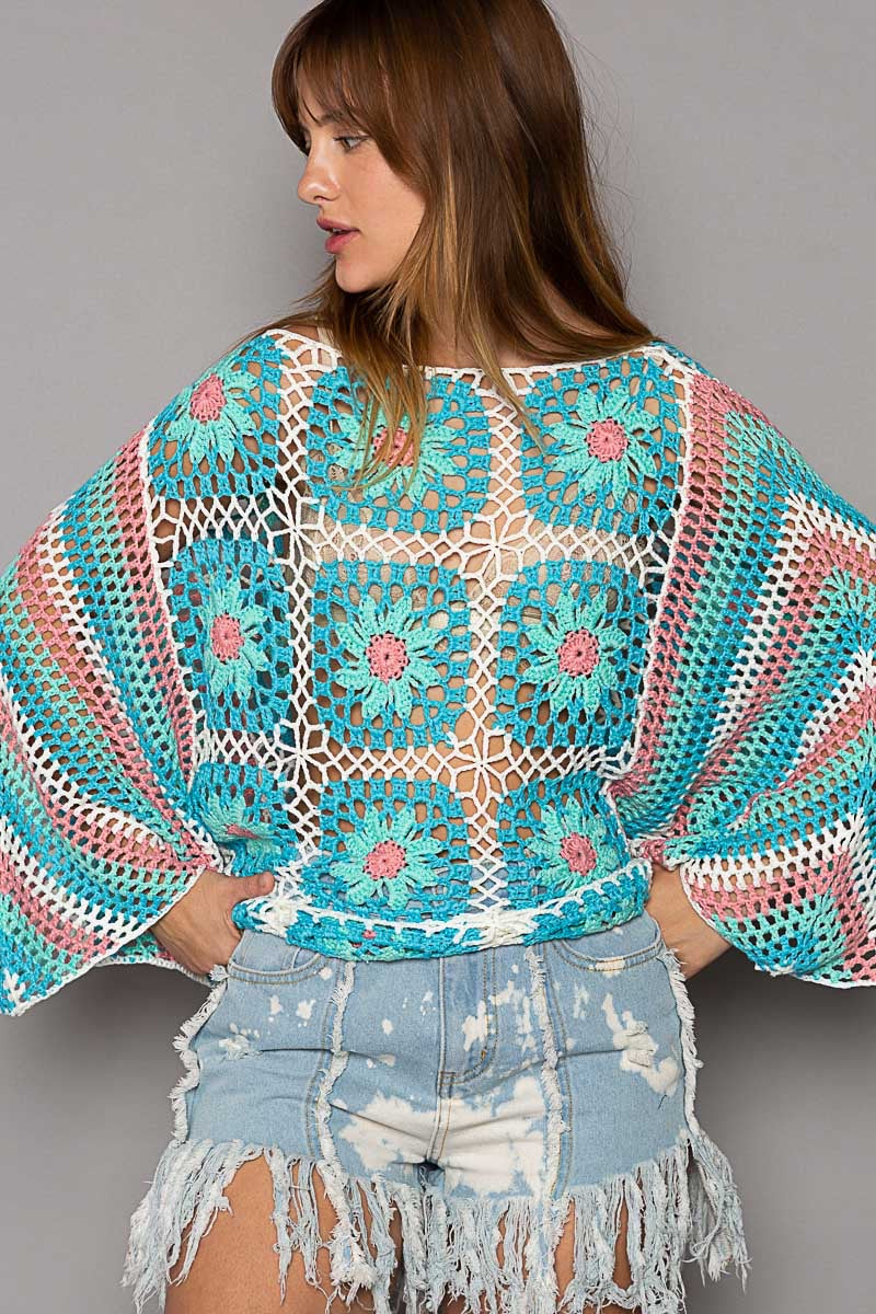 Summer Lovin Hand Crochet Floral Stripes Open Weave Sweater xoxo klowe