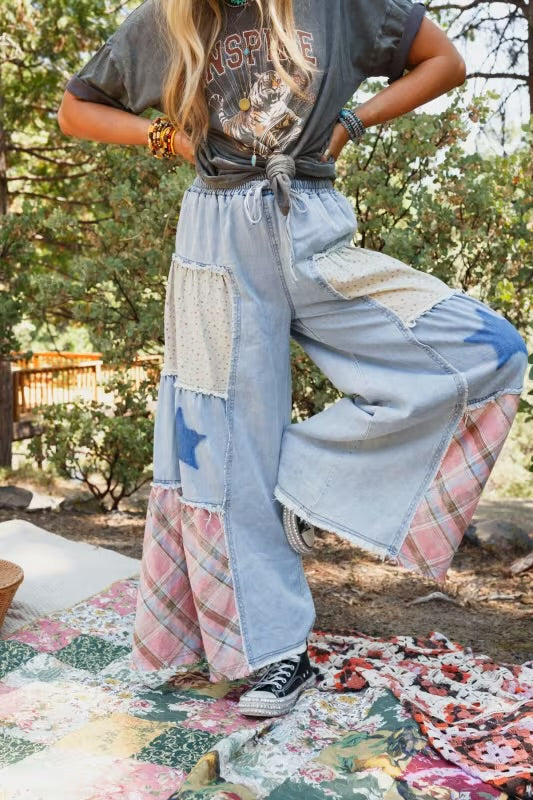 Making Magic Flower Plaid + Stars Exaggerated Wide Leg Jeans