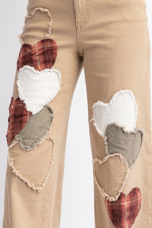 True Love Heart Patched Stretch Cotton Twill Jeans (2 Colors)