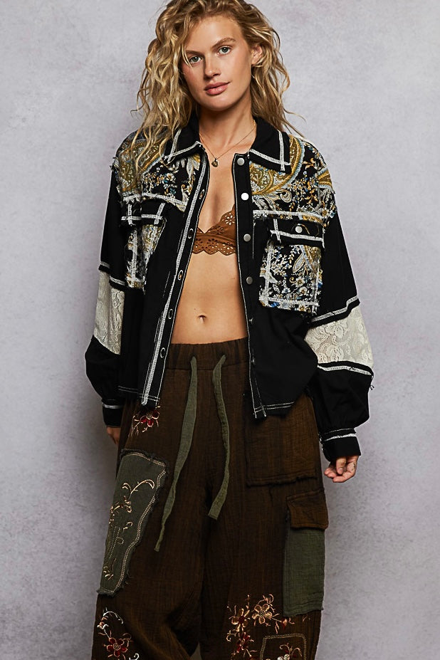 POL Printed Woven Mix Raw Hem Jacket with Lace Detail