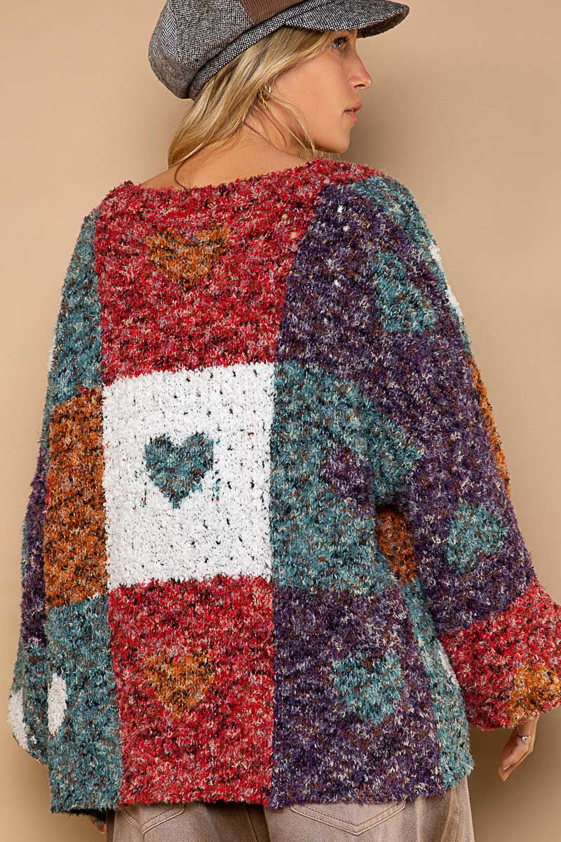 Love Games Color Block Heart Pattern Open Front Cardigan