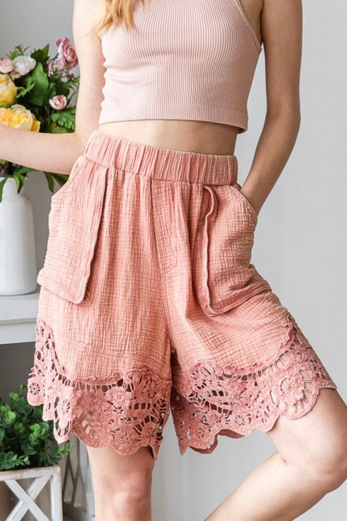 Zuma Beach Washed Cotton Lace Trimmed Shorts (2 Colors)