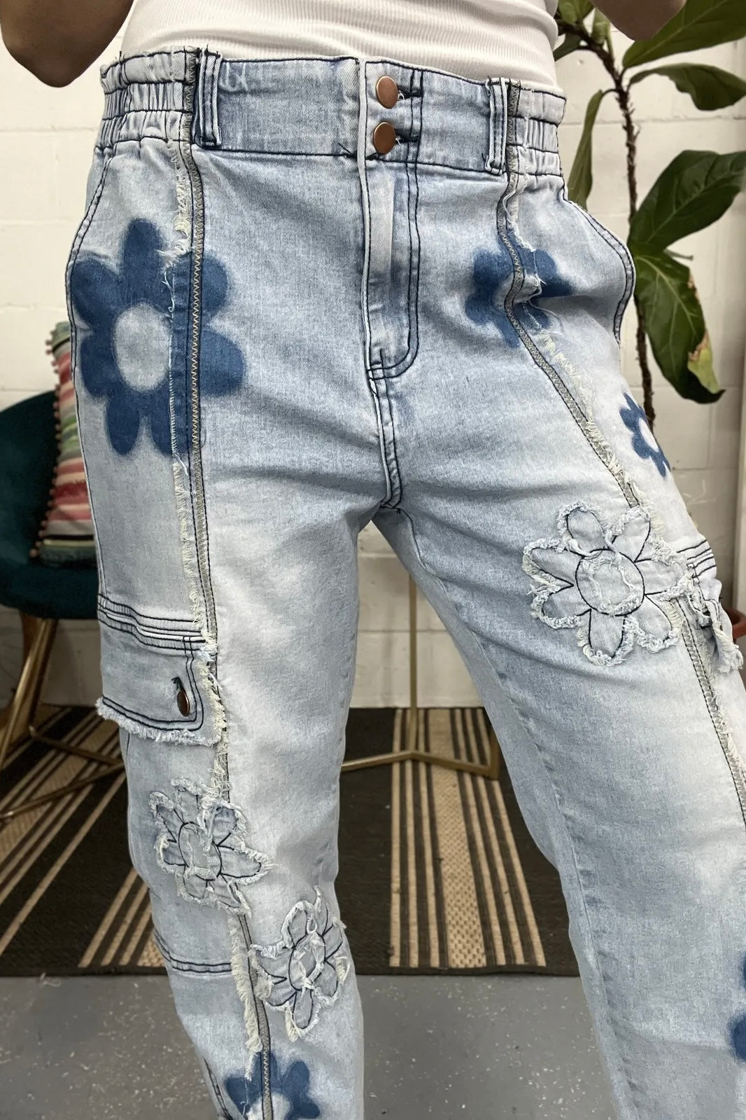A Daisy A Day Flower Patched Frayed Edge Cargo Jeans
