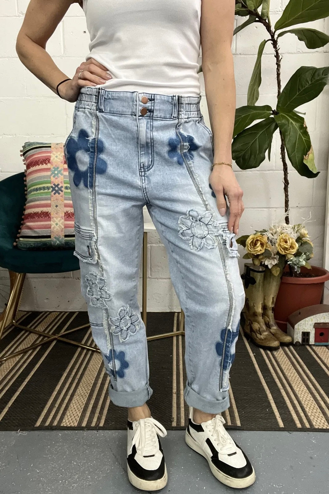 A Daisy A Day Flower Patched Frayed Edge Cargo Jeans
