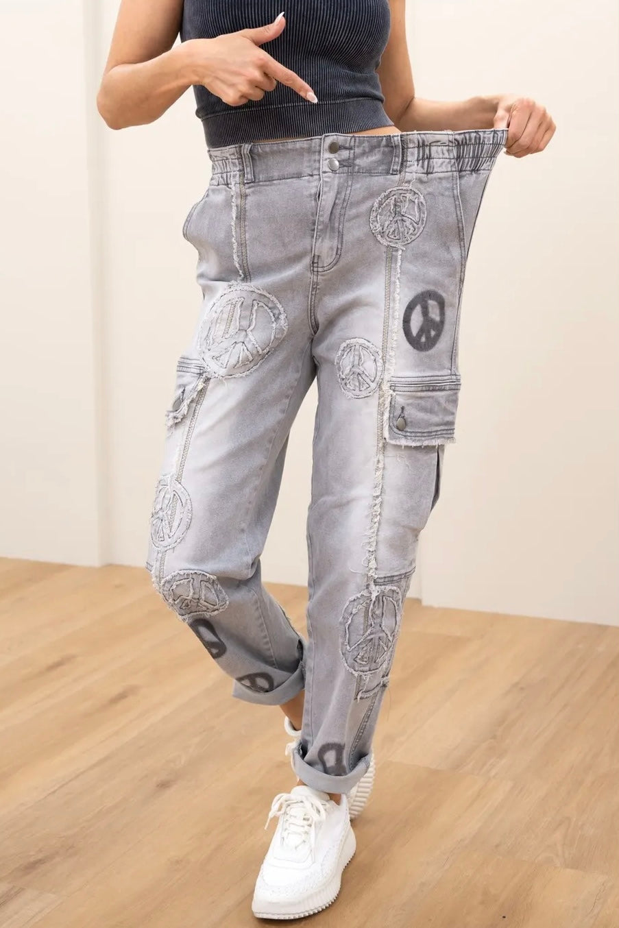 Blissed Out Peace Patch Frayed Edge Cargo Jeans