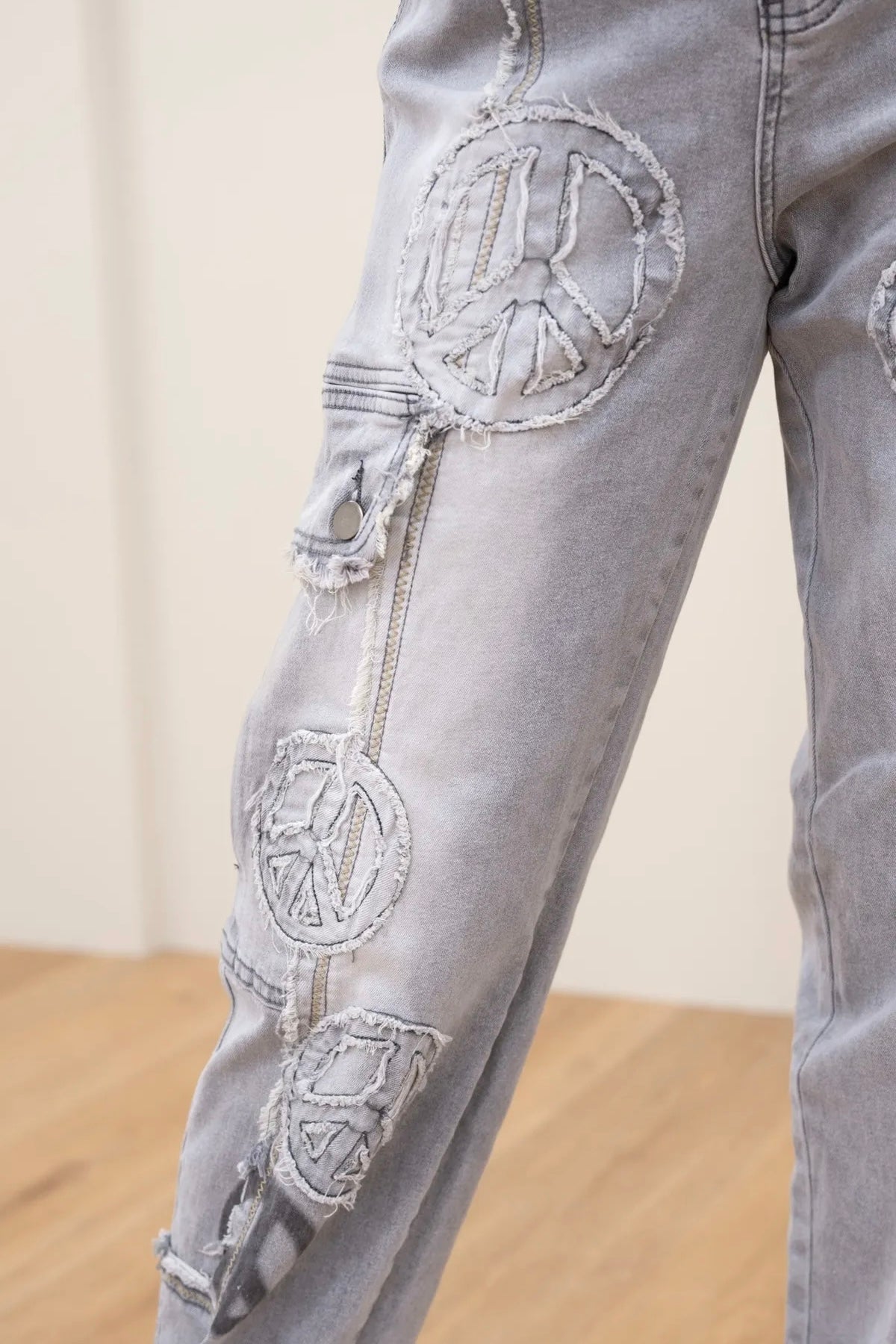 Blissed Out Peace Patch Frayed Edge Cargo Jeans
