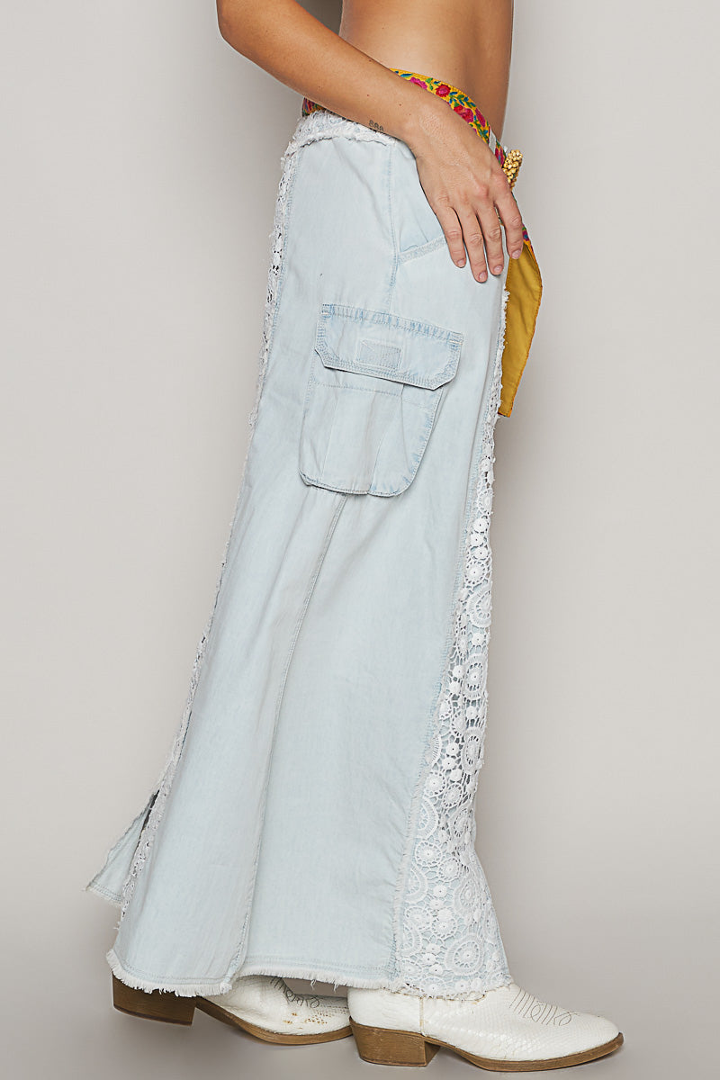 Those Who Wander Vintage Washed Crocheted Lace Denim Maxi Skirt PREORDER