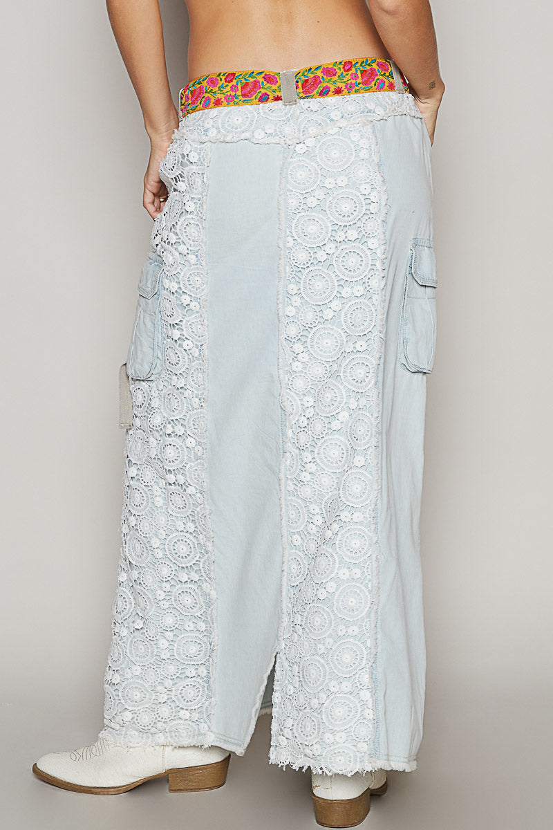 Those Who Wander Vintage Washed Crocheted Lace Denim Maxi Skirt PREORDER