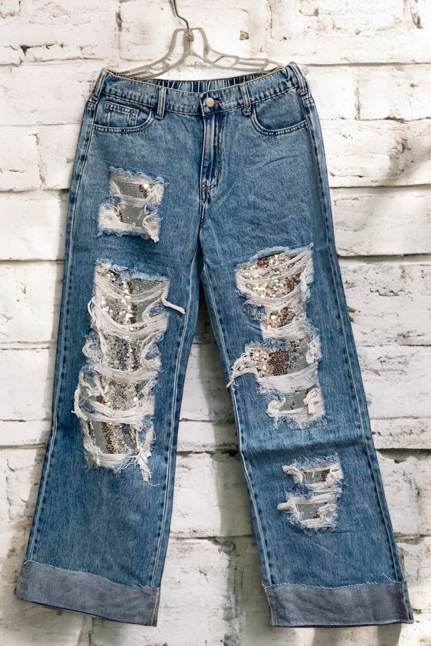 Lit Up Silver Sequin Patched Distressed Slouchy Jeans