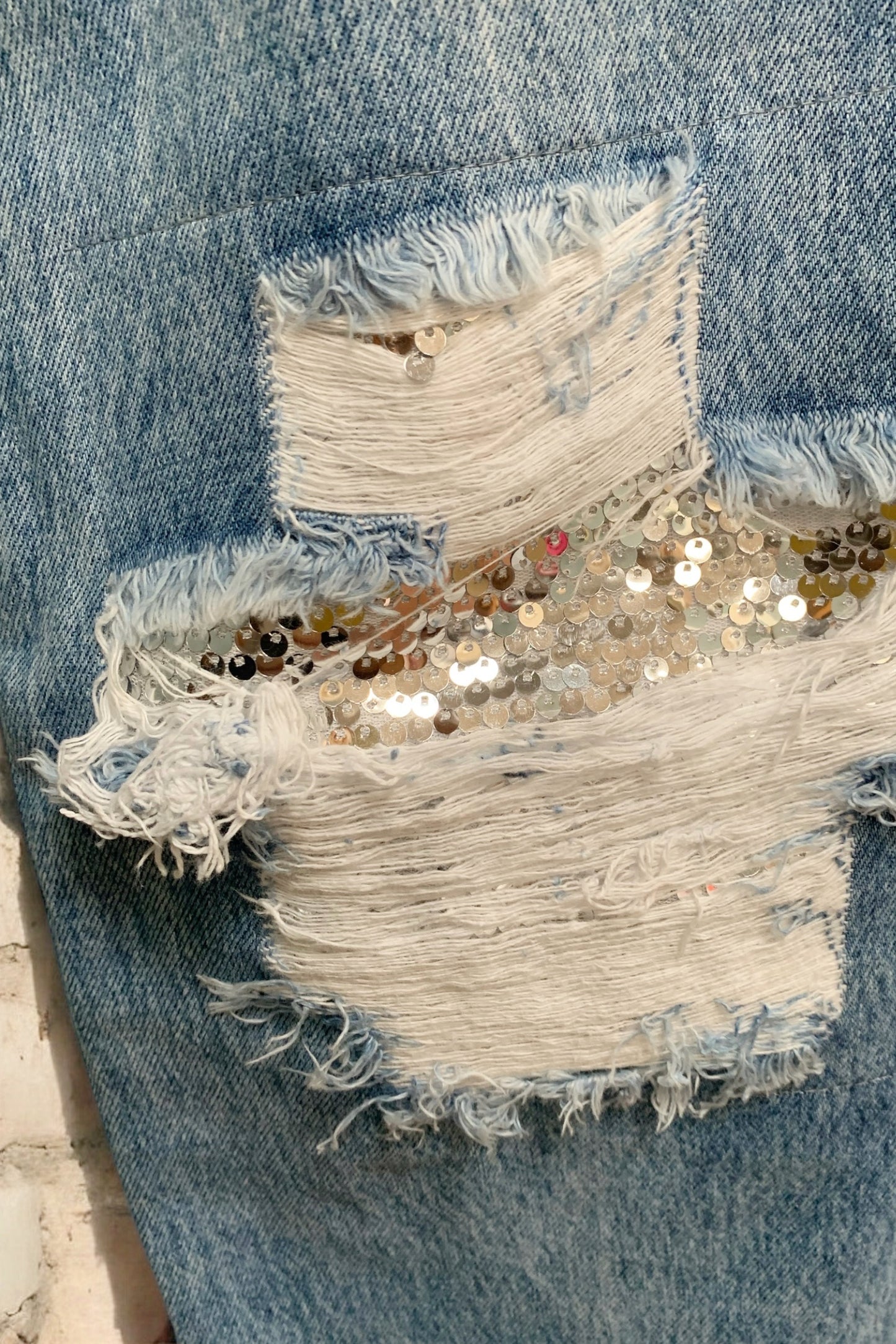 Lit Up Silver Sequin Patched Distressed Slouchy Jeans