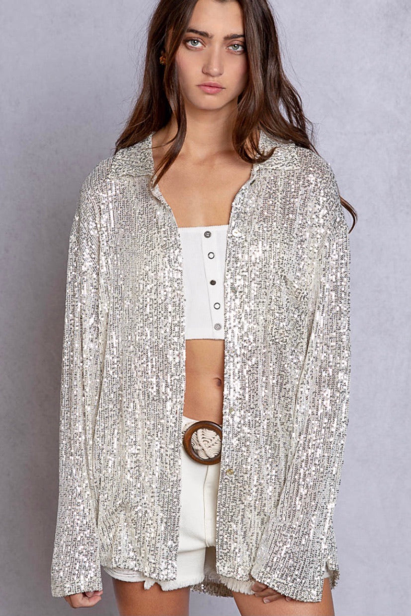 Shimmery metallic silver sequin semi sheer button down blouse with collar, sparkly chic resort evening top for cruise vacation outfits
