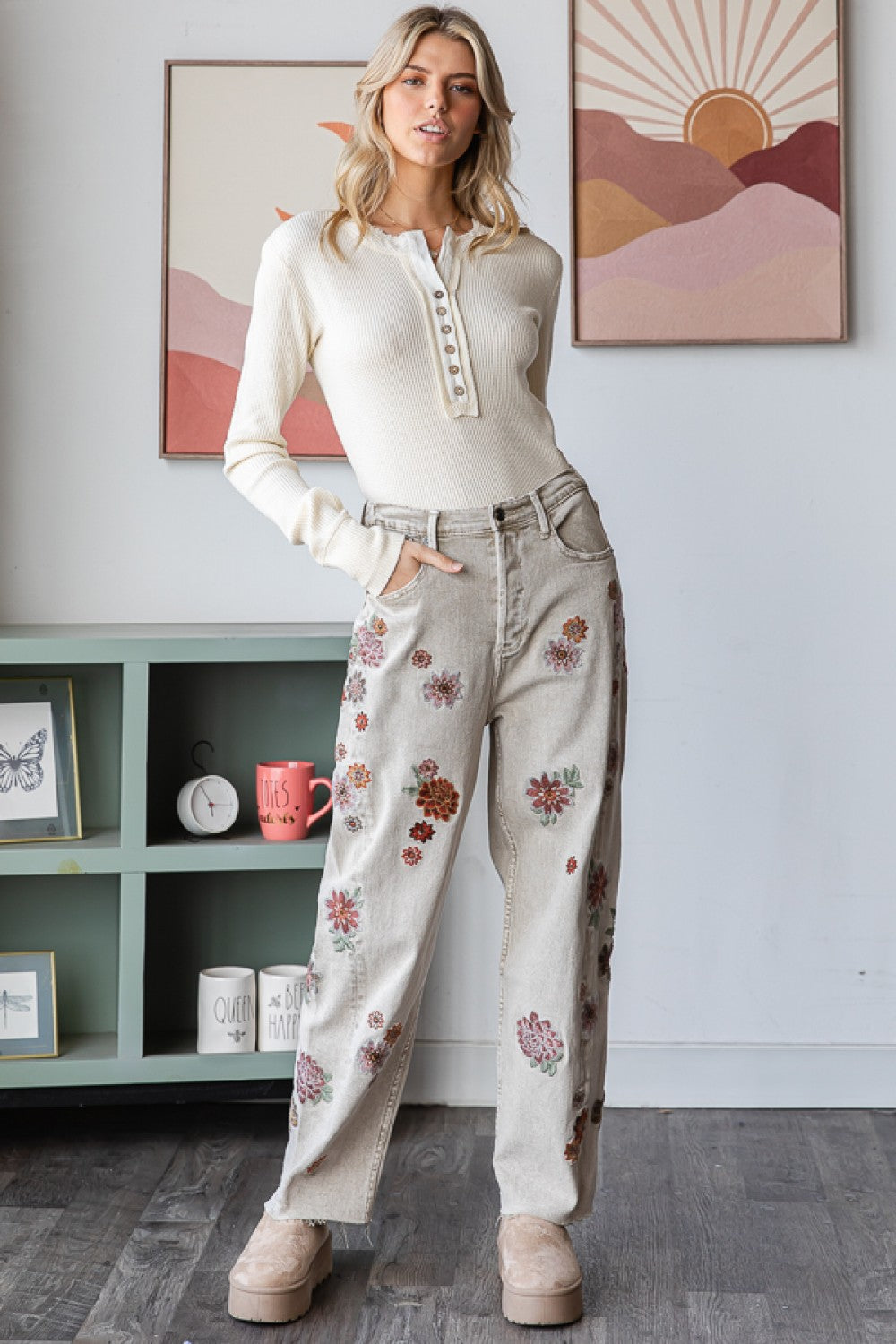 Stop & Stare Floral Embroidered Baggy Jeans