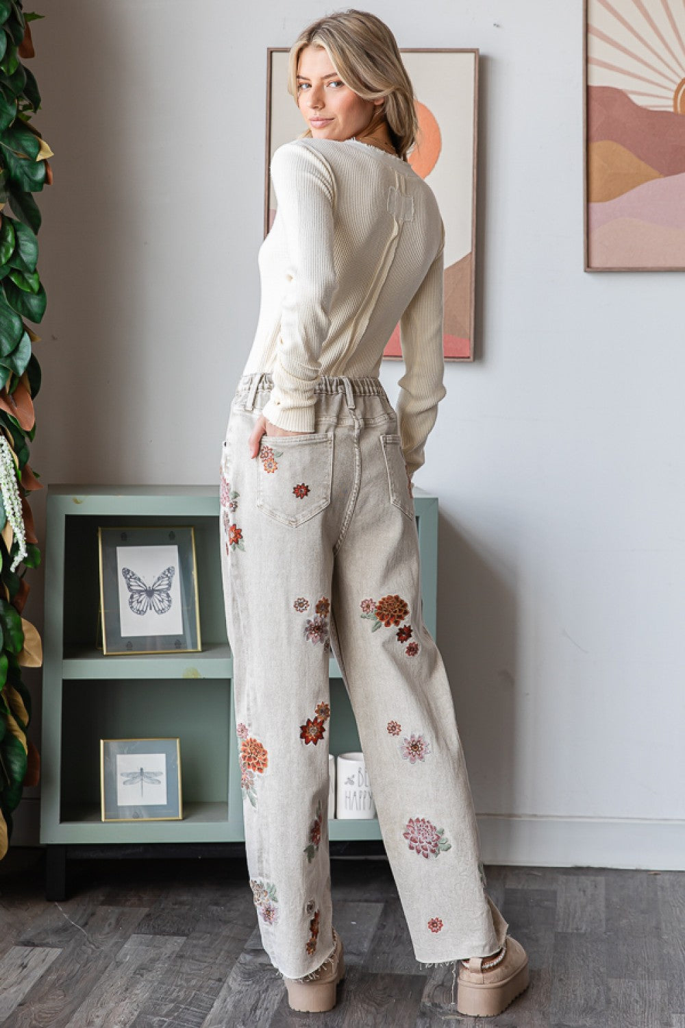 Stop & Stare Floral Embroidered Baggy Jeans