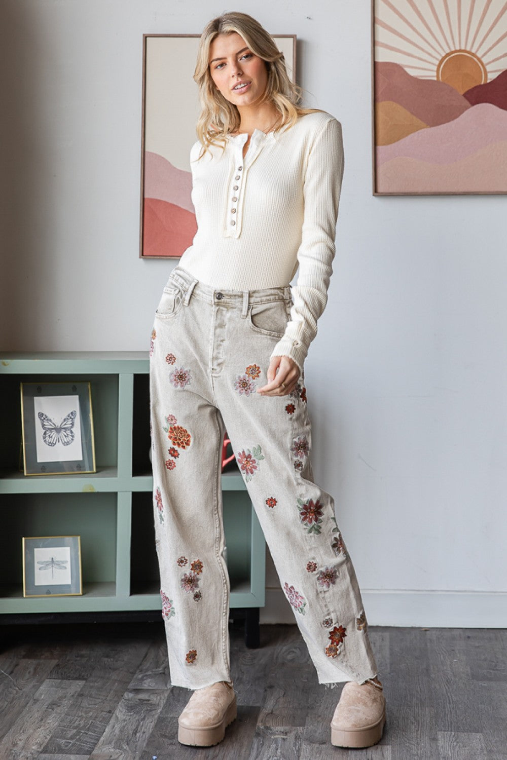 Stop & Stare Floral Embroidered Baggy Jeans