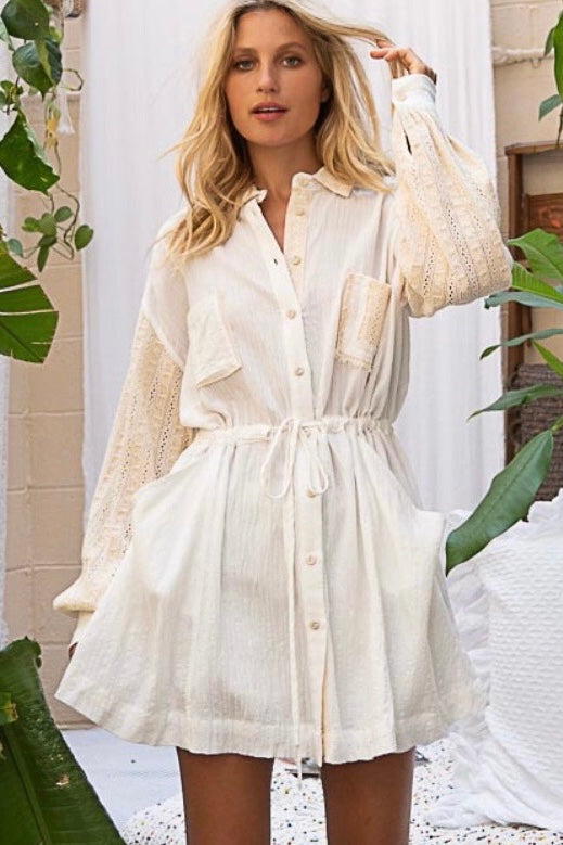 Fresh Take Lace Sleeve Tie Waist Shirt Dress