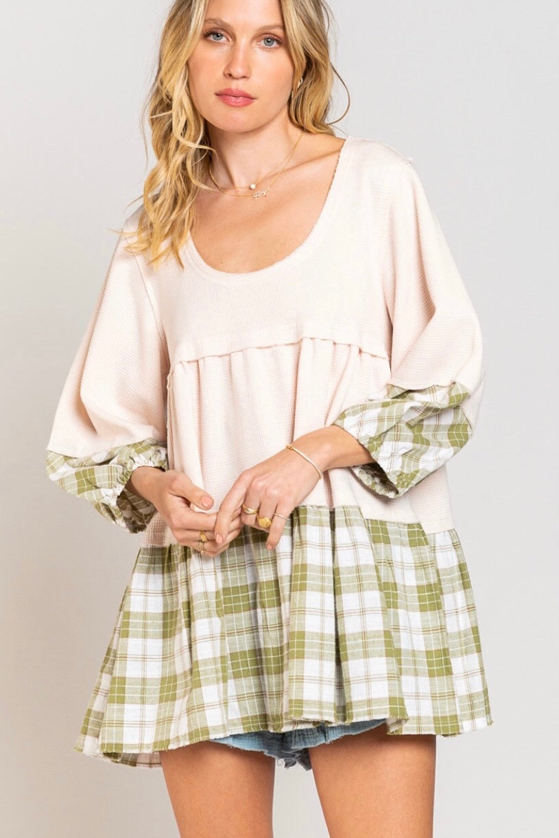 Shades Of Fall 3/4 Sleeve Plaid + Rib Knit Tiered Tunic