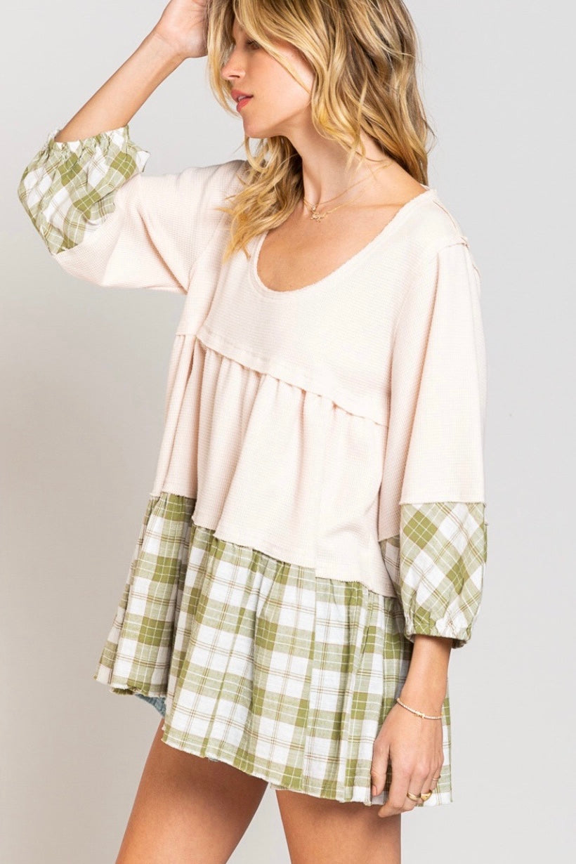 Shades Of Fall 3/4 Sleeve Plaid + Rib Knit Tiered Tunic