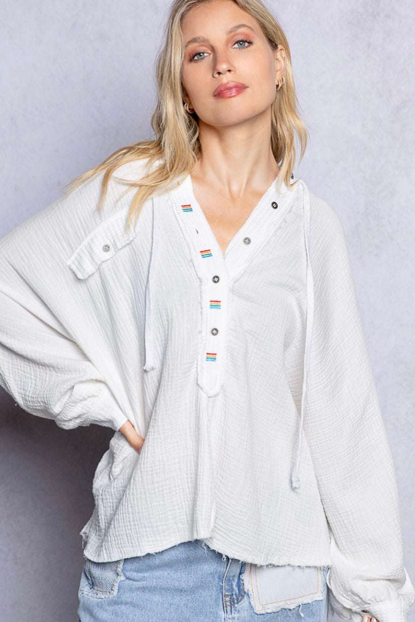 Those Girls Half Button Embroidered Gauze Hoodie Top