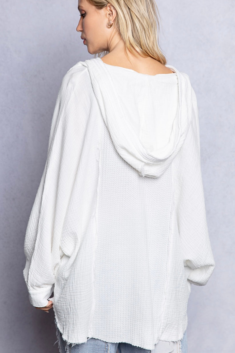 Those Girls Half Button Embroidered Gauze Hoodie Top