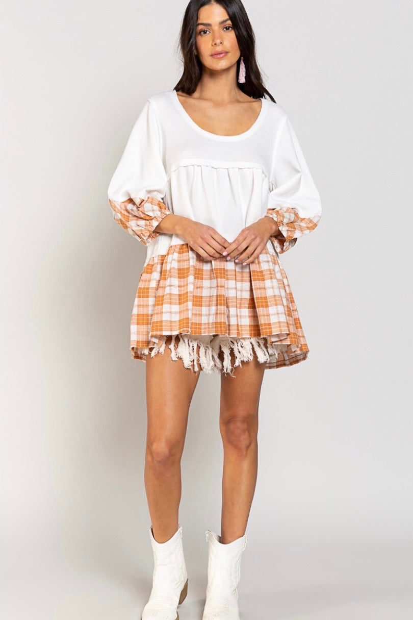 Shades Of Fall 3/4 Sleeve Plaid + Rib Knit Tiered Tunic