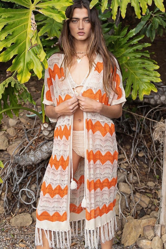 The Tropics Zig Zag Striped Crochet Beach Cardi with Fringe