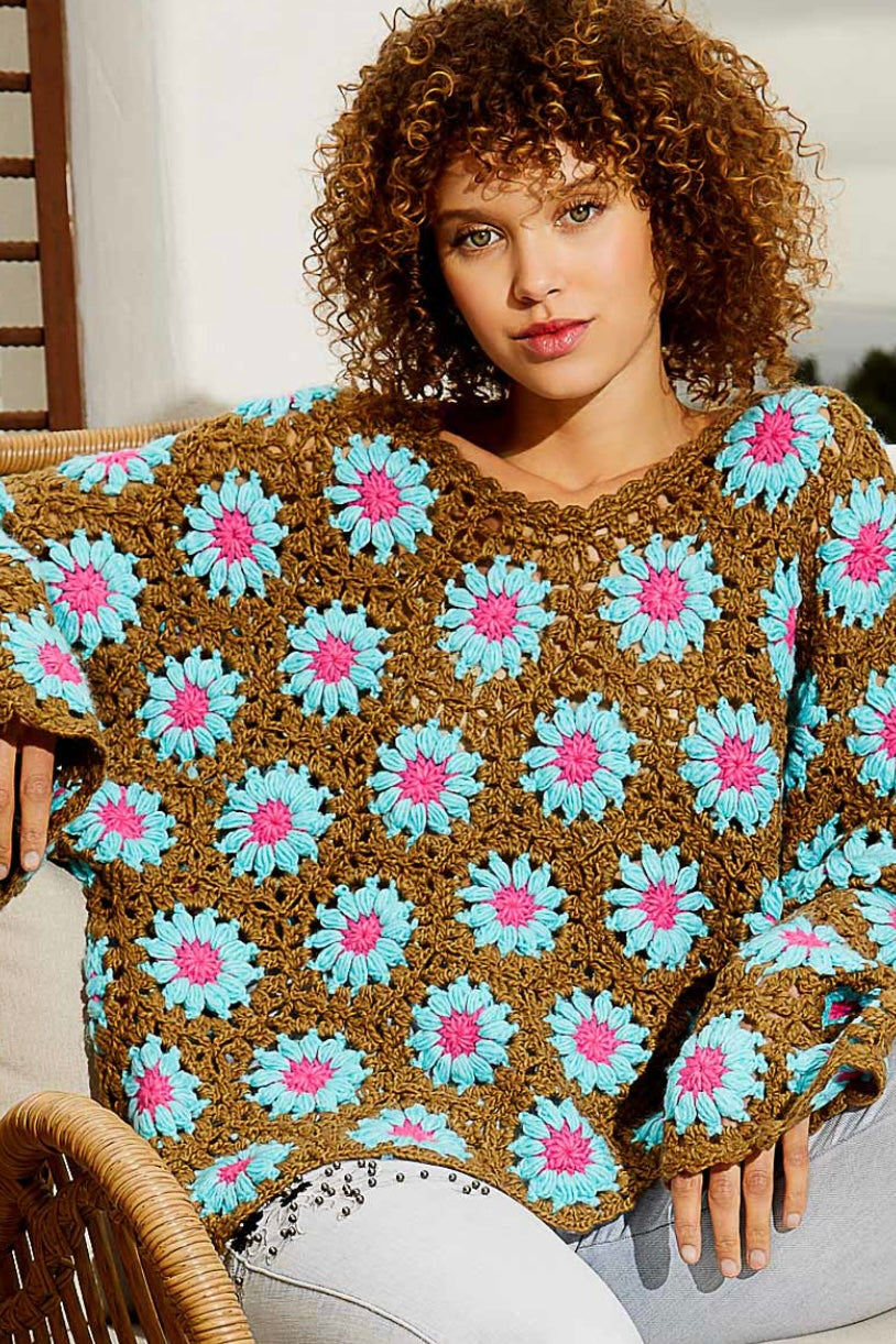 Olive You Blue Daisy Handmade Flower Crochet Pullover Sweater