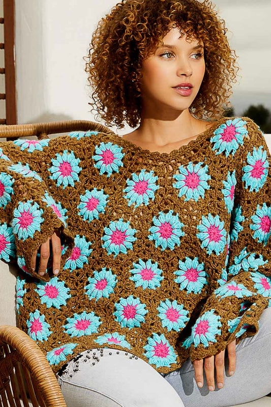 Olive You Blue Daisy Handmade Flower Crochet Pullover Sweater