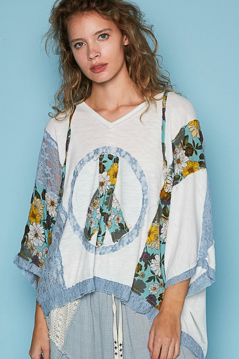 It’s A Vibe Floral + Lace Patchwork Peace Sign Hoodie Top (2 Colors)