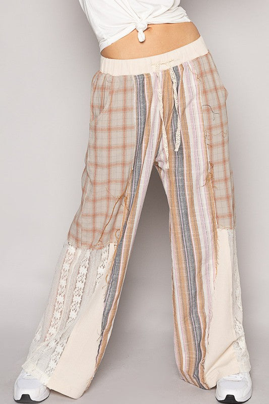 August Moon Striped Plaid Lace Detail Cotton Pants (3 Colors)