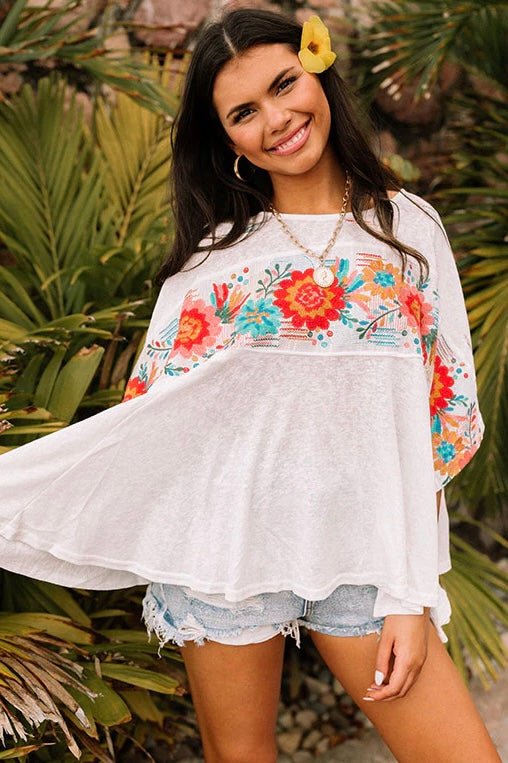 Southwestern Tansy Floral Embroidered Poncho Top