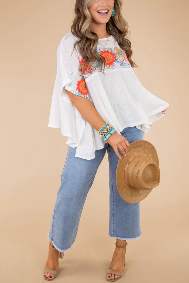 Southwestern Tansy Floral Embroidered Poncho Top