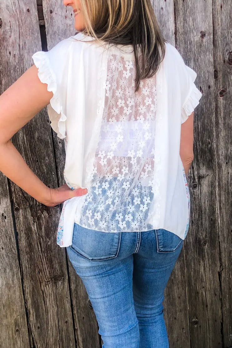 A Day Out Paisley + Lace Short Ruffle Sleeve Half Button Adjustable Neckline Top