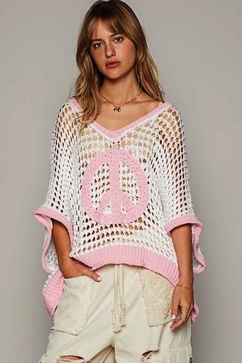 Peace Out Babe Loose Fit Peace Sign Crochet Summer Sweater Top (3 Colors)