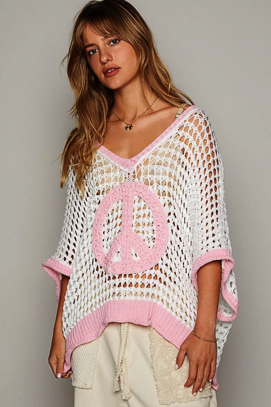 Peace Out Babe Loose Fit Peace Sign Crochet Summer Sweater Top (3 Colors)